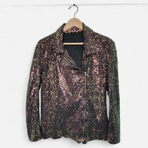 Iridescent Sequin Moto Jacket Green Pink Gold Sz L